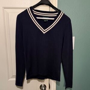 Ralph Lauren Navy V neck Sweater with Striped Detail on neck